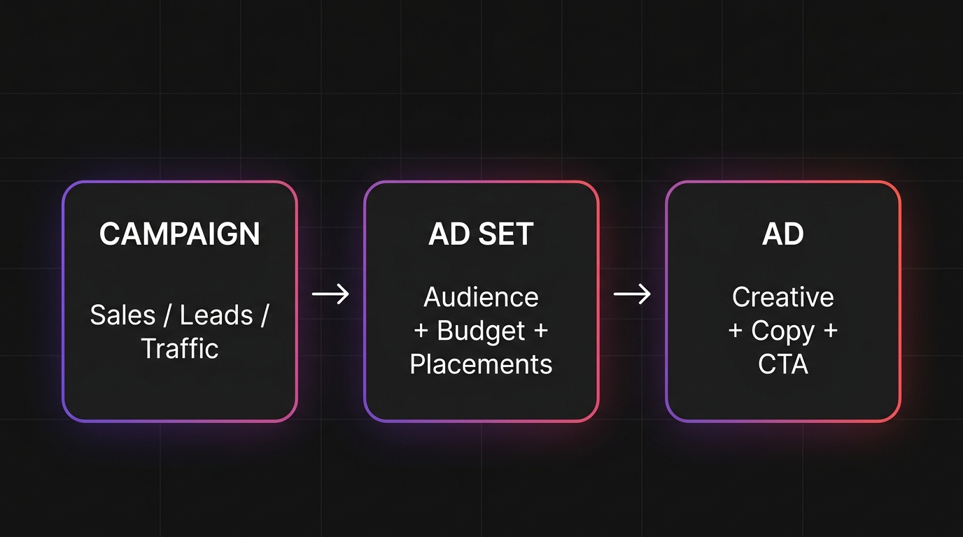 Facebook Ads campaign structure showing Campaign, Ad Set, and Ad